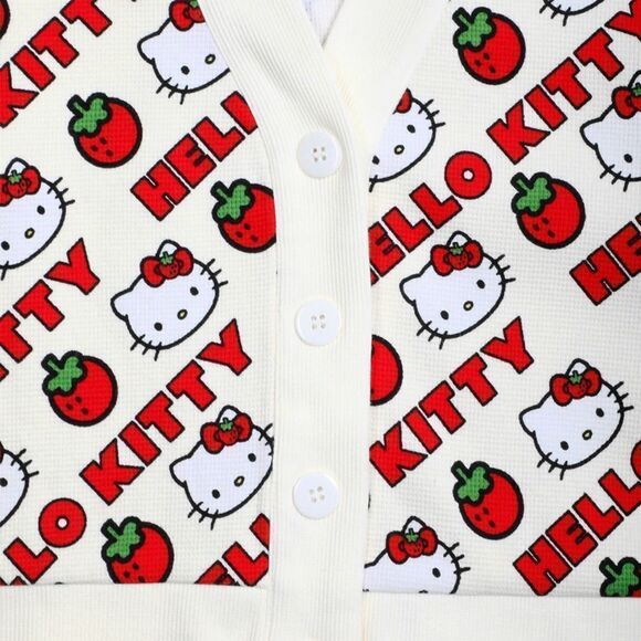 Sanrio Hello Kitty x Dumbgood Cream Red Waffle-Knit Cardigan w Strawberry & HK L - Picture 2 of 13